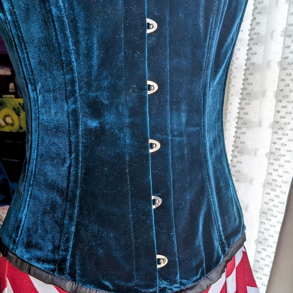 Heavy Red Corset Teal Velvet Steel Bones & Lace Skirt set